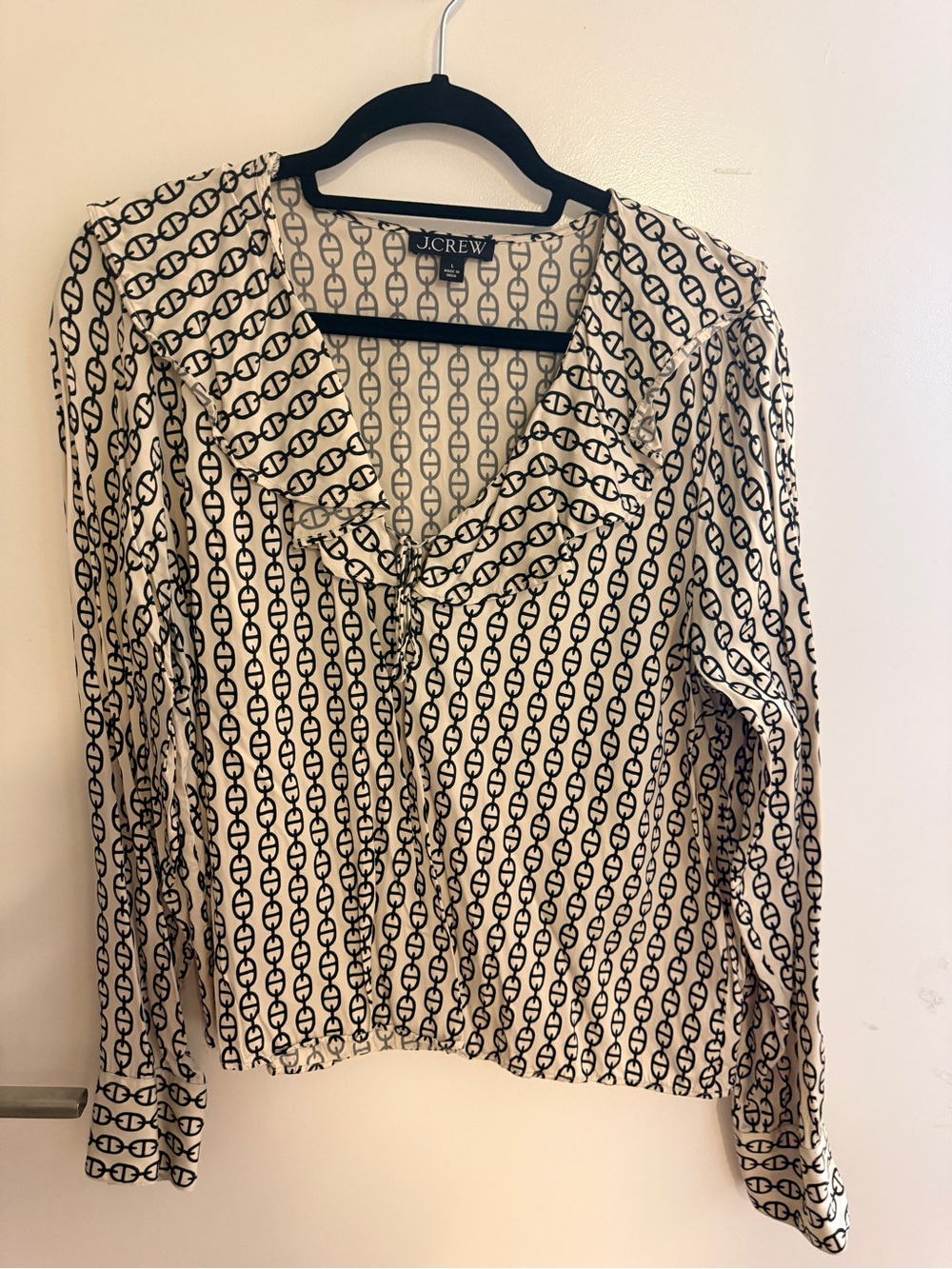 J.Crew Chain Print Ruffle Tie Neck Blouse Ivory Black Size Large